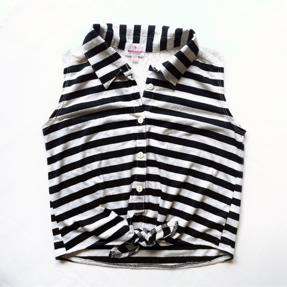 Girls Sz 10/12 Adorable Striped Button Down Tie-Waist Shirt w/ Lace Back